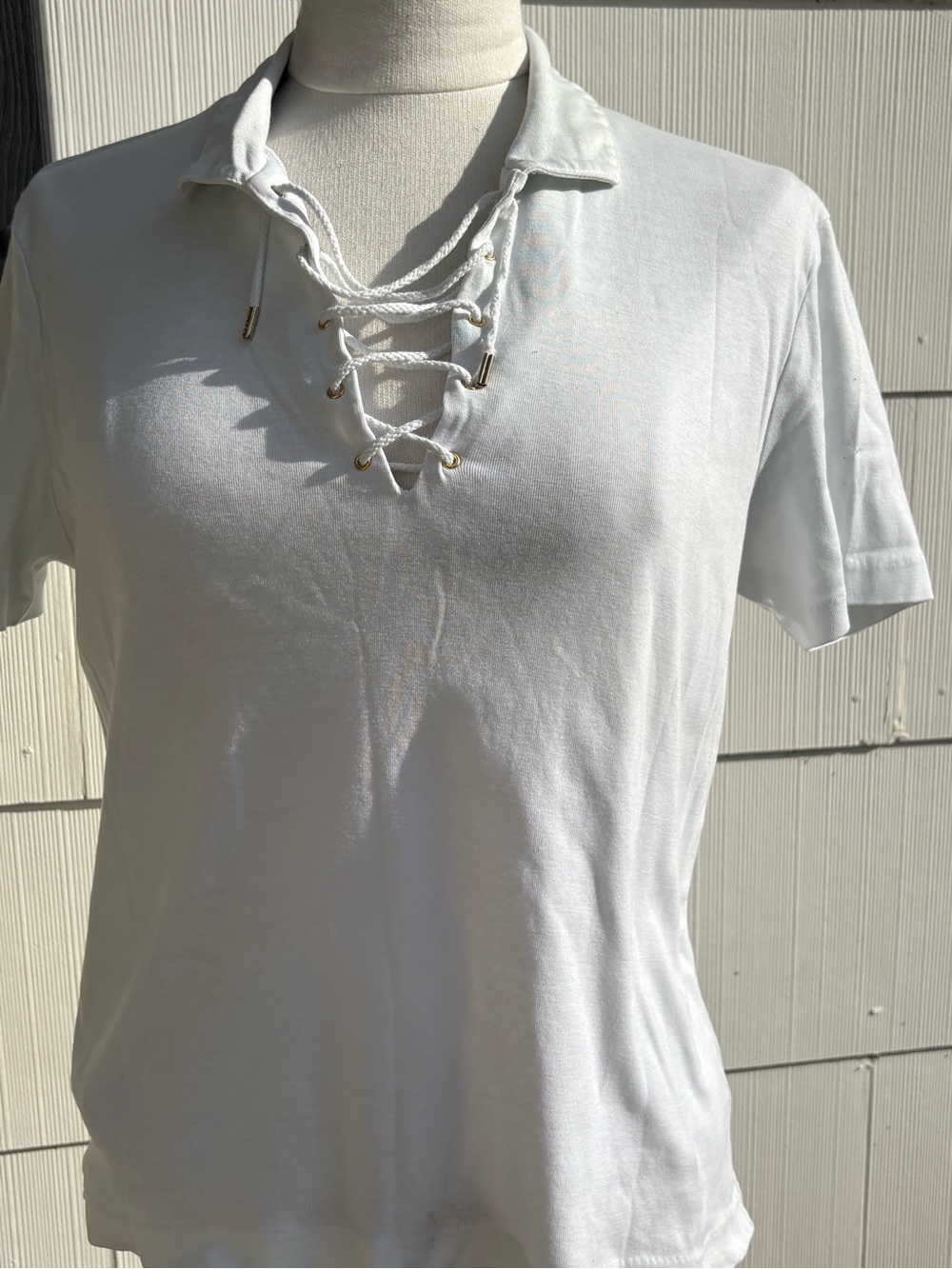 Lauren Ralph Lauren, White lace up polo shirt womens Lg short sleeve V-neck LRL
